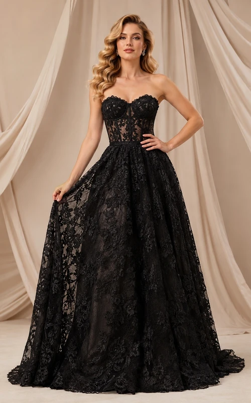 Black Lace Strapless Ball Gown Formal Evening Dress