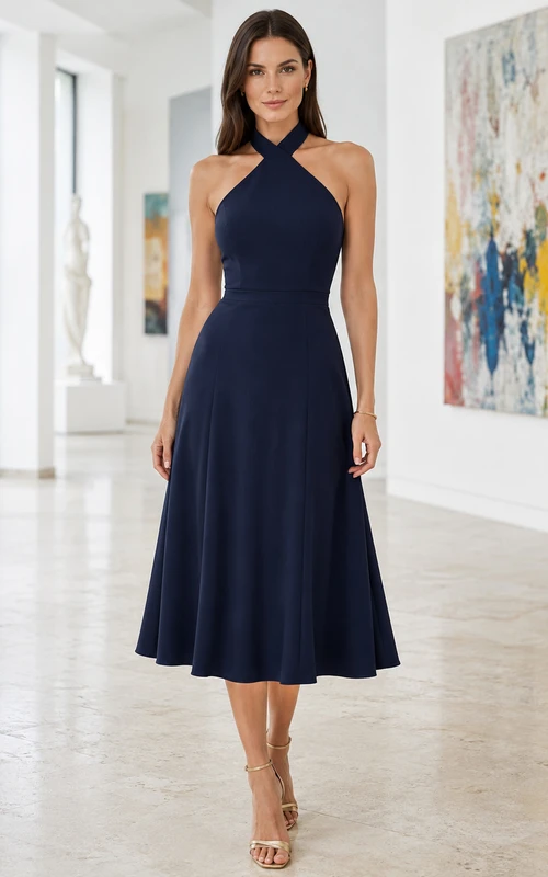 Art Gallery Dark Navy Halter Chiffon A-Line Tea-Length High Neck Dress