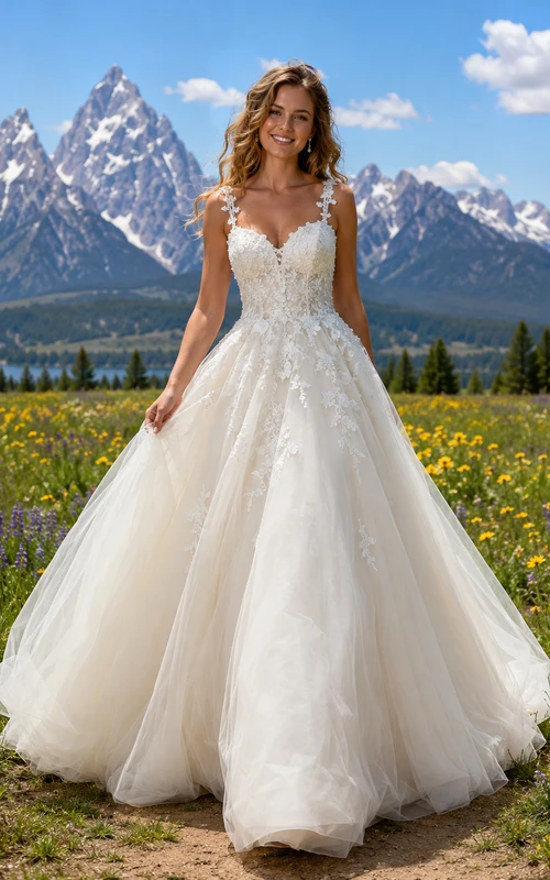 Robe de mariée champêtre en dentelle, corset à épaules dénudées, tulle et jupe trapèze avec traîne chapelle