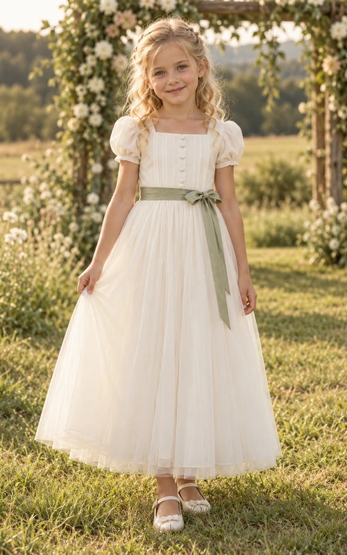 Square Neck Ivory A-line Tulle Ankle-length Puff-sleeve Green-sash Button-front Flower Girl Dress