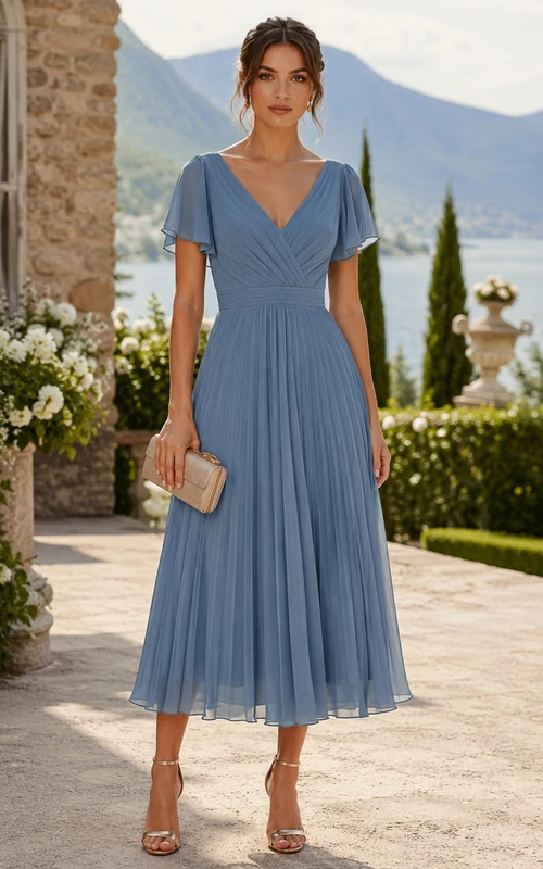 Robe mi-longue plissée en mousseline bleu acier