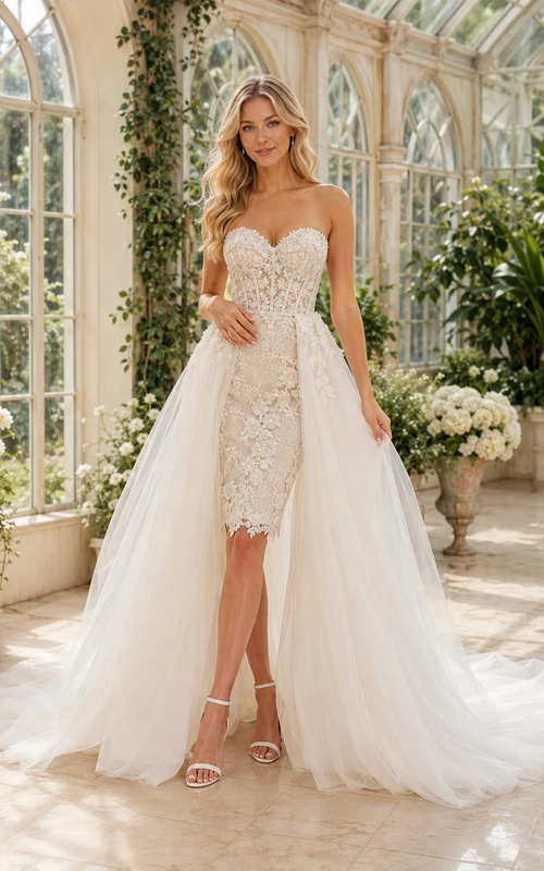 Brautkleid aus Spitze und Tüll, A-Linie, trägerlos, herzförmig, mit Schleppe