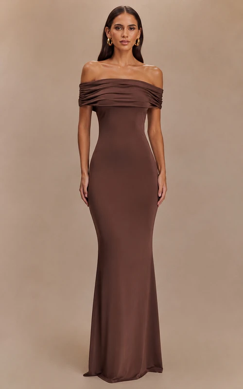 Jersey Evening Dress in Chocolate, Off-the-shoulder Mermaid Floor-Length Gown with Ruching