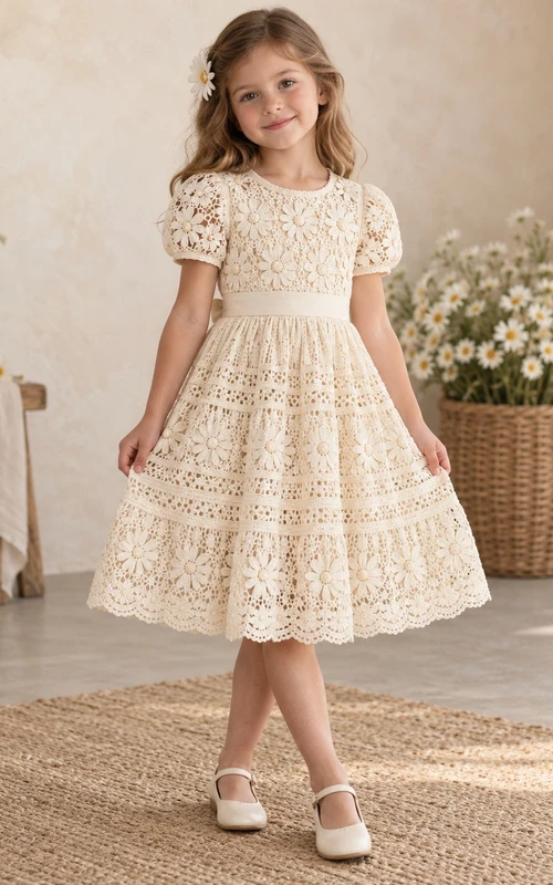 Boho Vintage Tea-length Cream Puff Sleeve Daisy Tiered Lace Flower Girl Dress