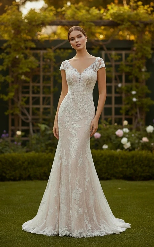 Vestido de novia clásico de encaje estilo sirena con escote en V, mangas cortas y ribete festoneado.