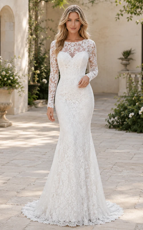 Robe de mariée sirène romantique à manches longues en dentelle et décolleté bateau