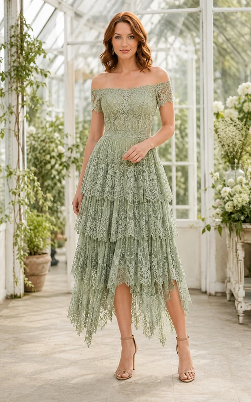 Wedding Guest Dress Sage Lace A-Line Off Shoulder Short Sleeve High Low