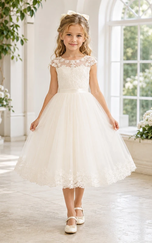 Vestido de niña de las flores, color marfil, encaje, tul, corte en A, cuello joya, largo hasta la rodilla.