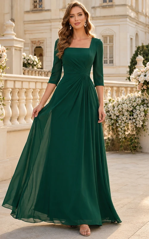 Vestido largo formal de invitada de color verde oscuro con escote cuadrado y mangas transparentes