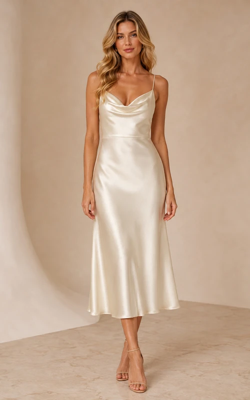 Vestido de cóctel formal elegante y sexy color marfil con escote drapeado y tirantes finos, de satén.