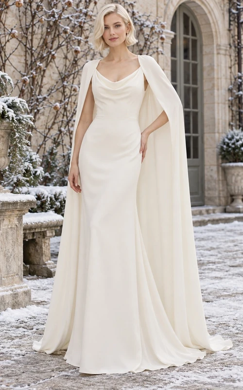 Vestido de invierno sencillo de gasa con cuello drapeado y capa drapeada, ideal para bodas.