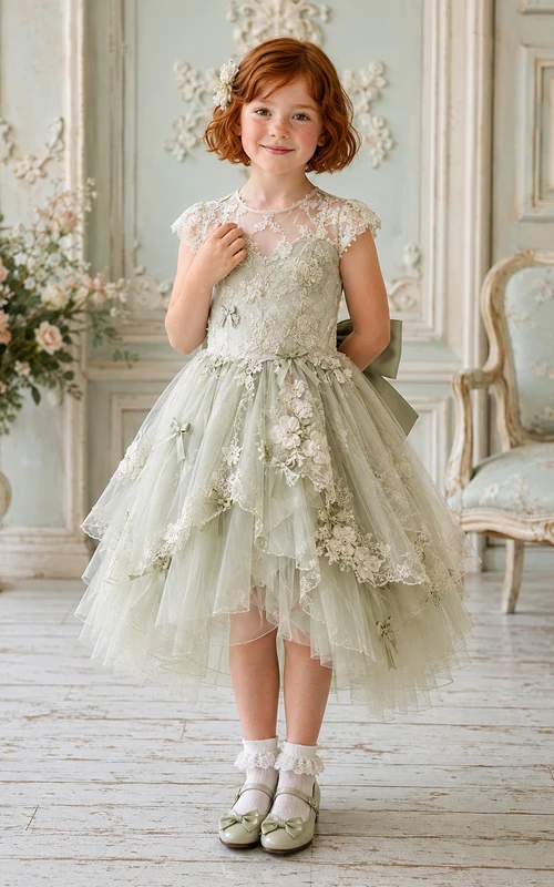 Flower Girl Dress A-Line Celadon Floral Lace Tulle High Low Bow