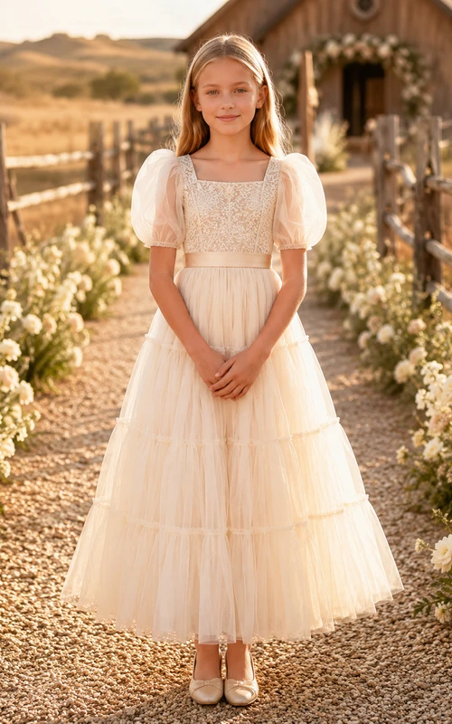 Vestido de niña de flores color marfil, largo hasta los tobillos, con volantes de tul, corte en A, escote cuadrado, corpiño de encaje, mangas abullonadas y lazo de satén.