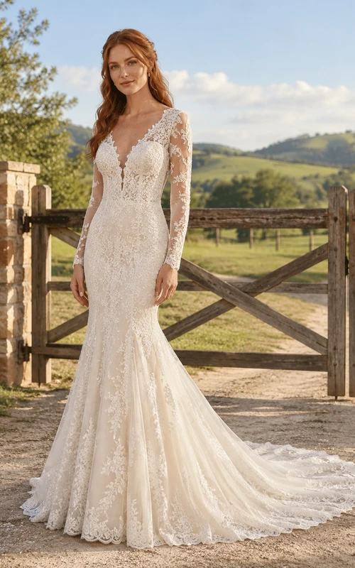 Vestido de novia de encaje campestre, estilo sirena, con escote corazón, mangas largas, cola larga y espalda en V baja.