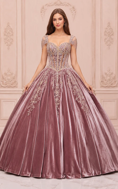 Vestido de princesa de quinceañera de terciopelo con escote en V y mangas cortas, estilo vintage, color malva.