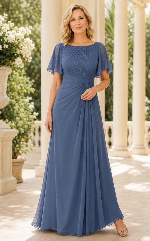 Stahlblaues Chiffon-Kleid in A-Linie mit U-Boot-Ausschnitt und Volantärmeln