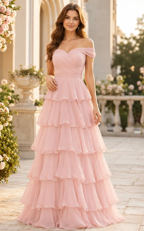 Zartrosa, schulterfreies, bodenlanges A-Linien-Kleid aus gestuftem Rüschen-Tüll mit Rüschen, das sich perfekt für festliche Anlässe eignet