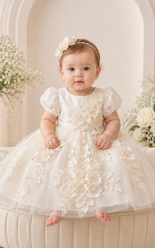 Baby Baptism Christening Ceremony Dress A-Line Knee-Length Jewel Neck Puff Sleeve Tulle Lace 3D Flower Floral Detail Floral Applique Button Back