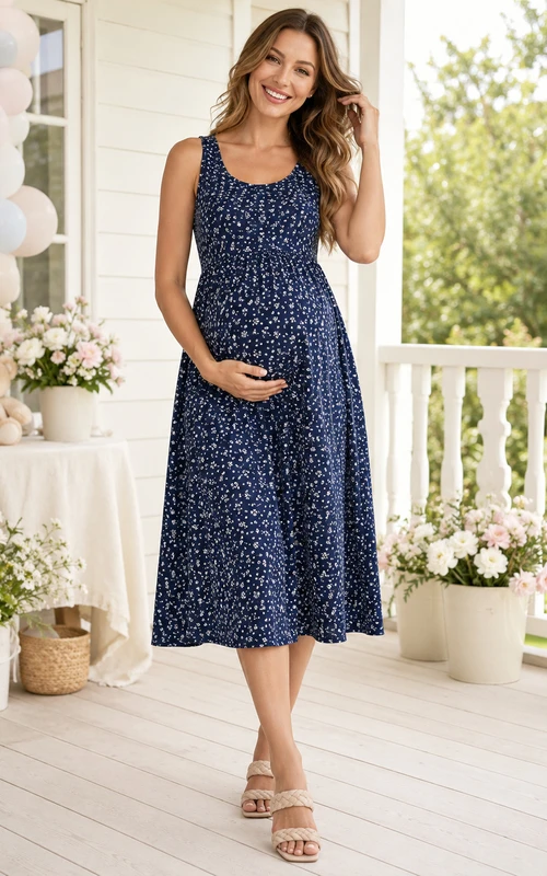 Vestido de verano de corte A, largo midi, sin mangas, con escote redondo y estampado azul marino oscuro.