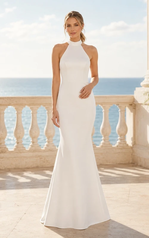 Einfaches, rückenfreies Meerjungfrauen-Brautkleid in Strandlänge mit Neckholder, bodenlang, modern
