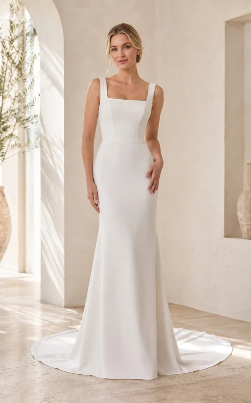 Vestido de novia sencillo con escote cuadrado, tirantes de sirena y cola larga.