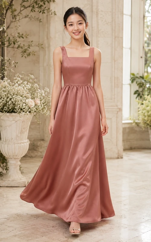 Elegantes, ärmelloses Brautjungfernkleid in Altrosa mit A-Linien-Schnitt und Satinschleife.