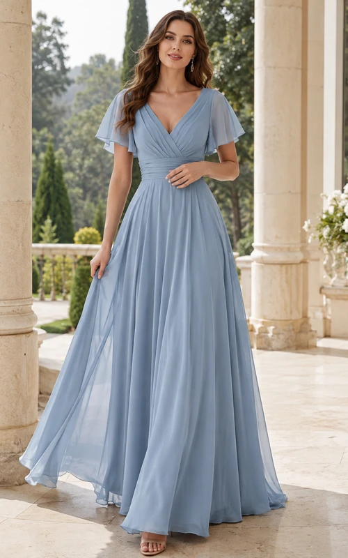 Elegante vestido de fiesta largo hasta el suelo de gasa fruncida con escote en V y mangas con volantes en color azul acero.