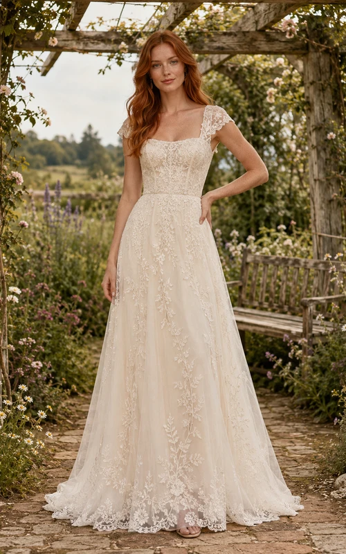 V-Neck Lace A-Line Vintage Open Back Wedding Dress