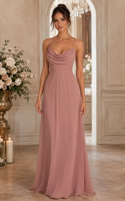 Dusty Rose A-Line Chiffon Cowl Neck Bridesmaid Dress