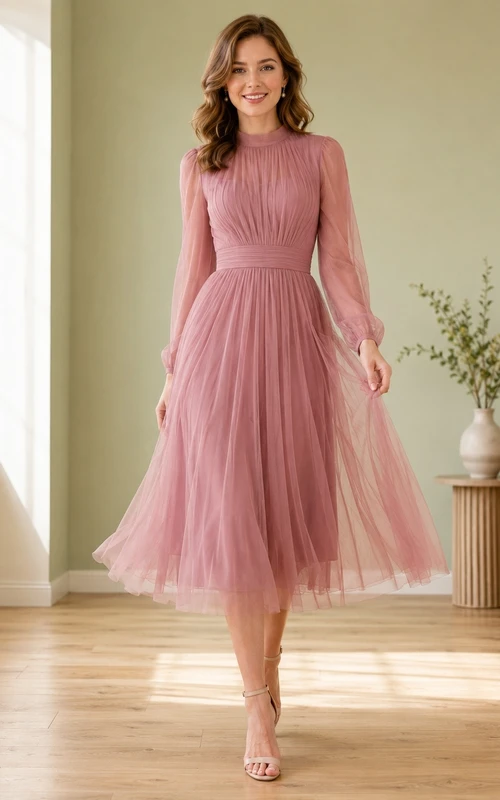 Kleid aus altrosafarbenem Chiffon mit eckigem Ausschnitt, langen Ärmeln, A-Linie und Teelänge