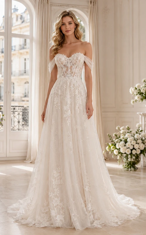 Robe de mariée trapèze en dentelle florale à épaules dénudées et décolleté cœur avec épaules tombantes et traîne courte