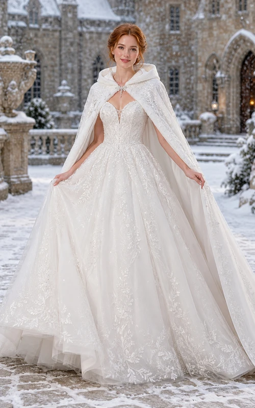 Winterliches Brautkleid mit Kapuze und Cape aus Spitze