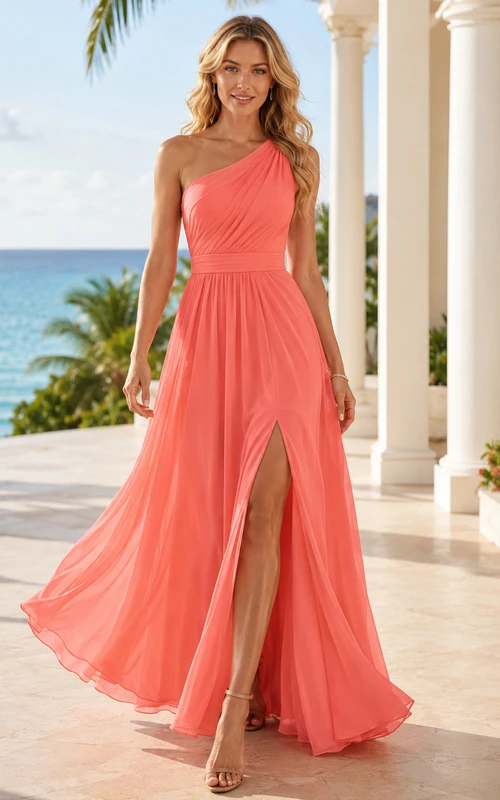 Coral Chiffon V-neck Slit Floor-length Guest Dress