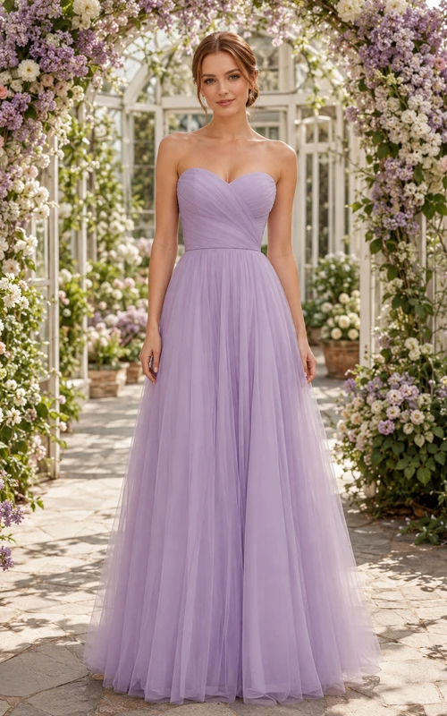 Lavender Strapless Sweetheart Tulle Floor Length A Line Garden Guest Dress