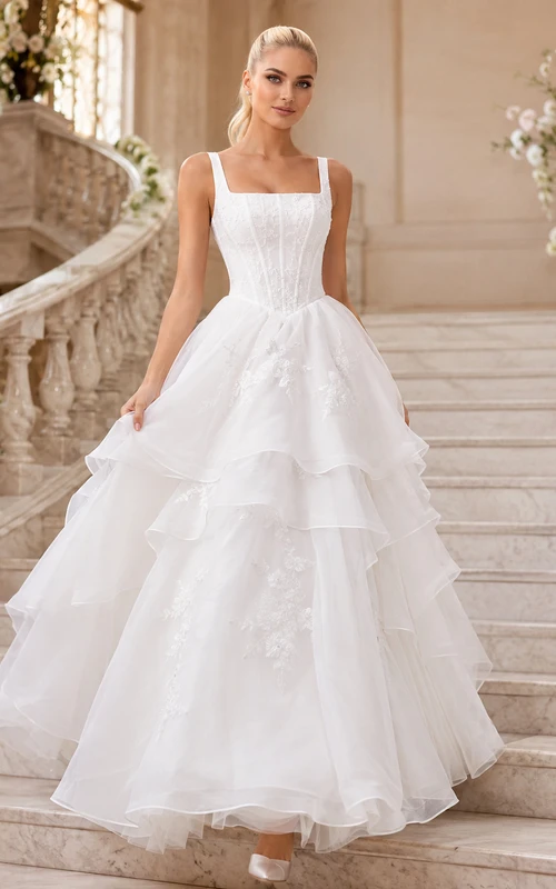 Robe de bal Staircase Rhapsody, longue jusqu'au sol, carrée, sans manches, en tulle, robe de mariée romantique