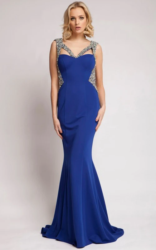 Vestido de fiesta largo de jersey sin mangas con escote en V, espalda descubierta y cola larga, estilo sirena.