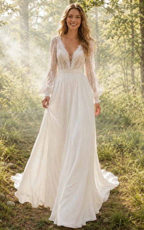Bohemian Long Sleeve Lace Chiffon Forest Bridal Gown