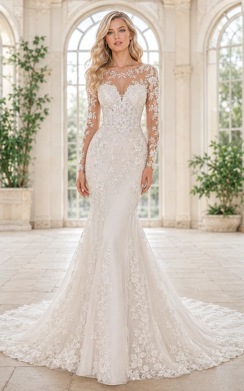 Robe de mariée sirène en dentelle sur mesure, col montant, manches longues, traîne chapelle, applications florales, style jardin