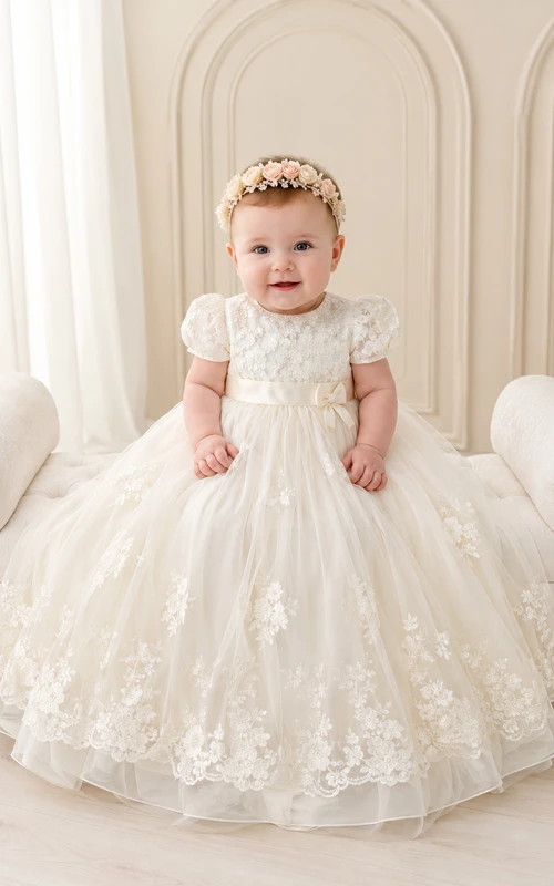 Baby Baptism Christening Ceremony Dress A-Line Knee-Length Jewel Neck Cap Sleeve Tulle Lace Floral Detail Floral Applique Button Back