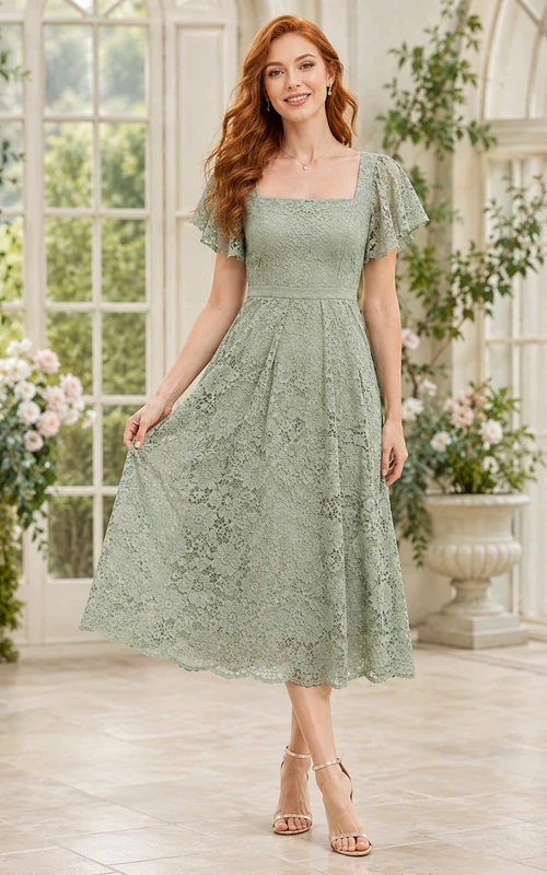 Sage Scoop Neck Petal Sleeve Lace A-Line Tea-length Garden Dress