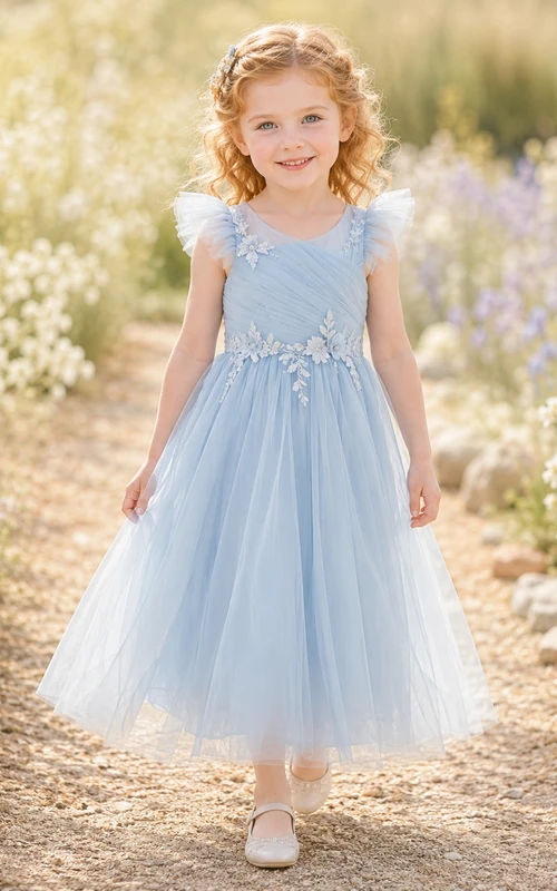 Blumenmädchenkleid, himmelblau, Tüll, A-Linie, Rundhalsausschnitt, Teelänge, Schleifendetail