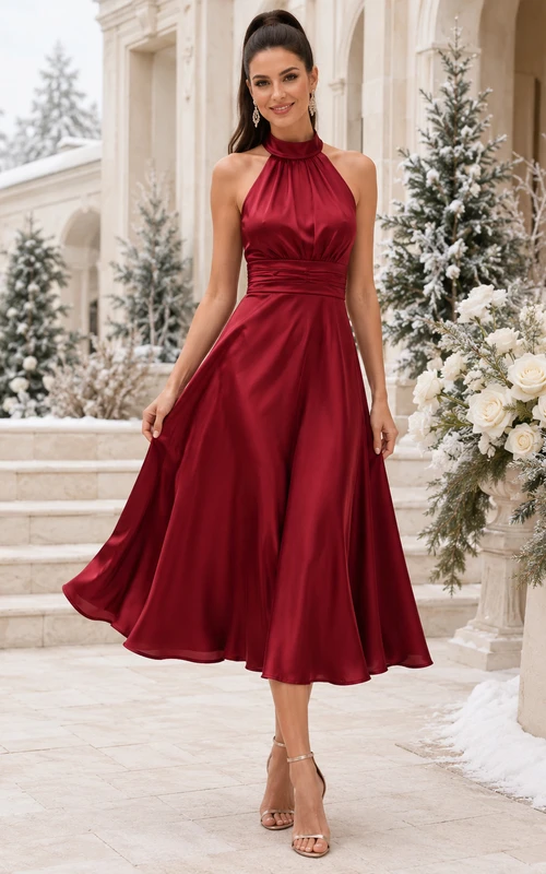 Vestido de fiesta de satén burdeos fruncido con escote halter y corte en A, largo hasta la rodilla