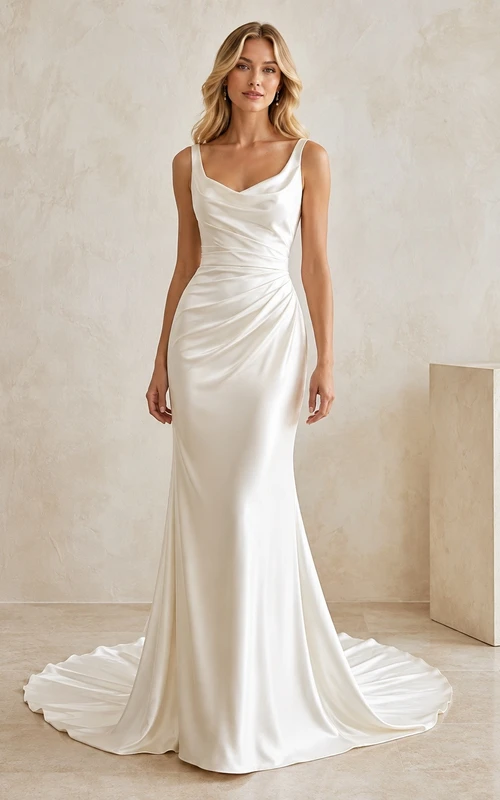 Vestido de novia formal con escote halter, corte A y cola larga para ceremonia.