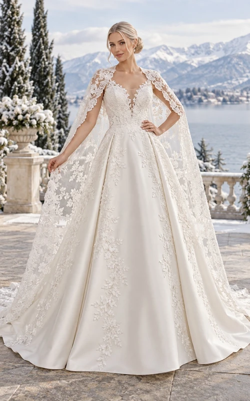 Winter V-neck Floral Lace Scalloped Cape Full Satin A-line Wedding Dress
