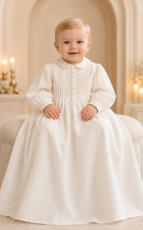 Bishop Sleeve Baptism Gown A-Line Satin Lace High Neck Simple Skirt