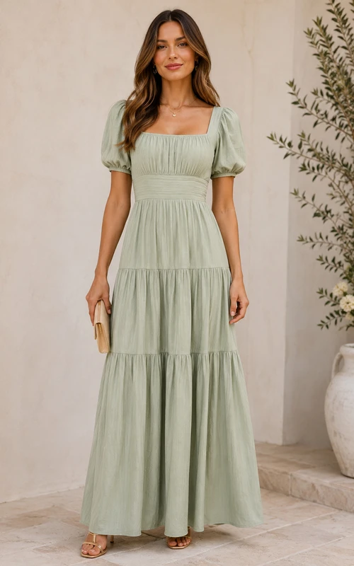 Robe longue trapèze à manches bouffantes et volants couleur sauge