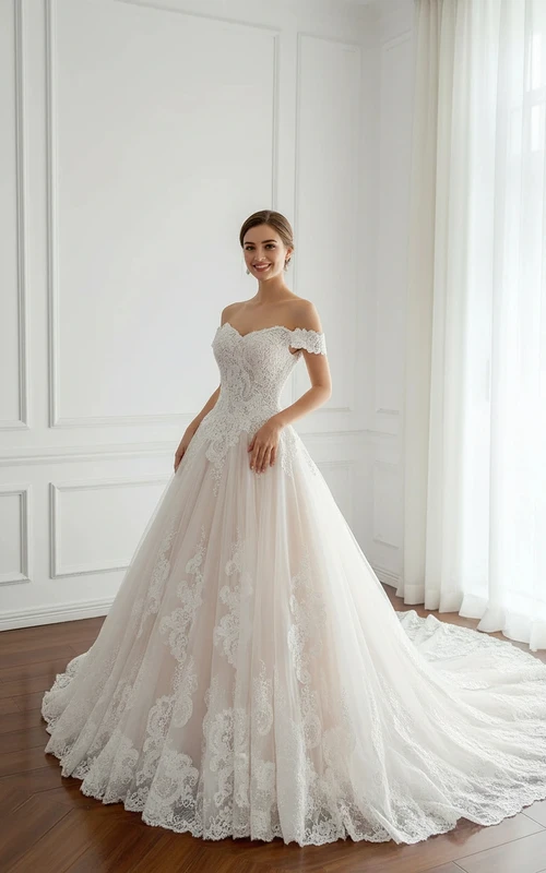 Romantic Off-the-Shoulder Lace Ball Gown - Sweetheart Neckline Princess Tulle Wedding Dress