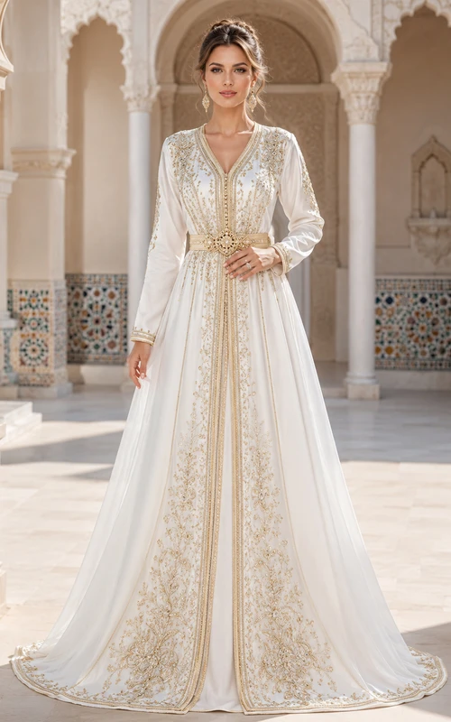 Robe de mariée orientale de luxe, coupe A, manches longues, col en V, broderies dorées
