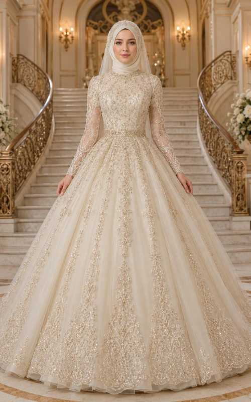 Lujoso vestido de novia musulmán de encaje con cuentas y cola de palacio.