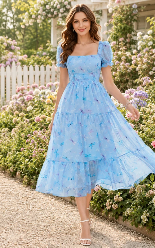 Vestido midi escalonado con cuello cuadrado y mangas abullonadas con estampado de libélulas azules